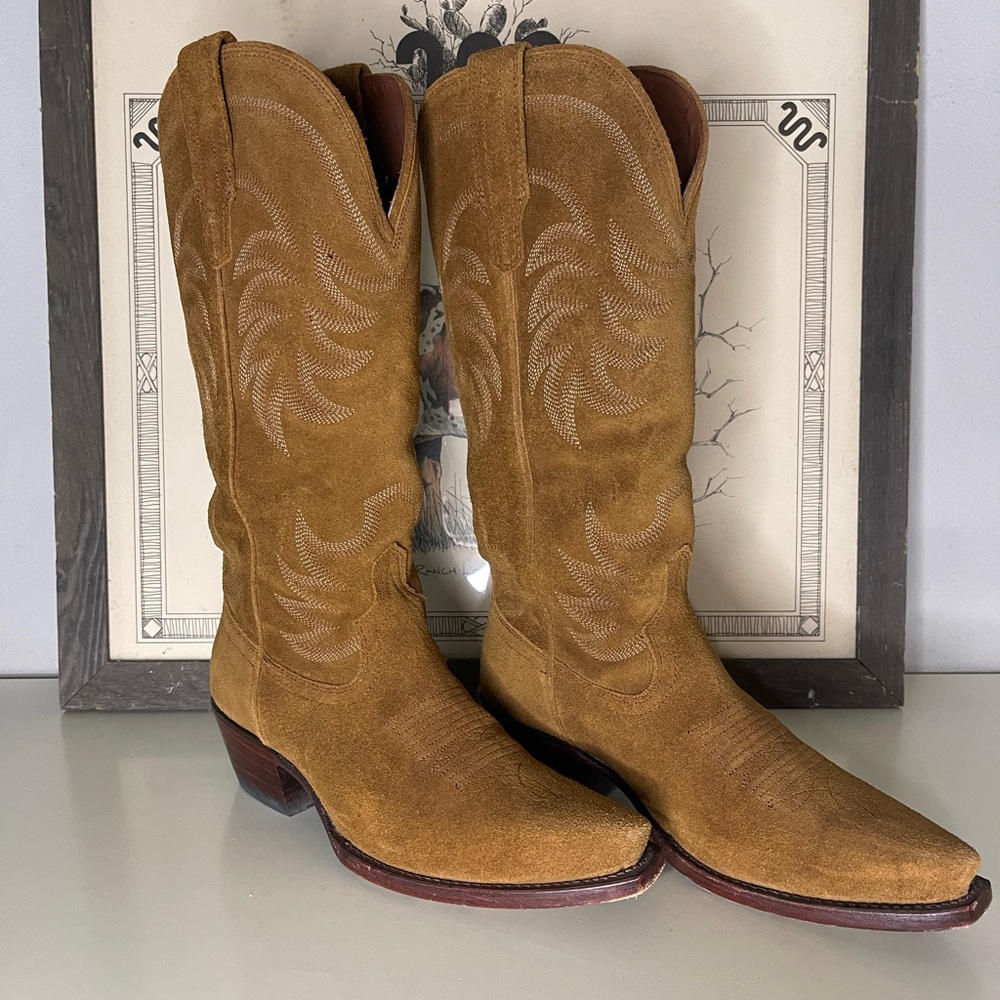 Tecovas Suede Western Heeled Boots in Tan - Picture 2 of 7